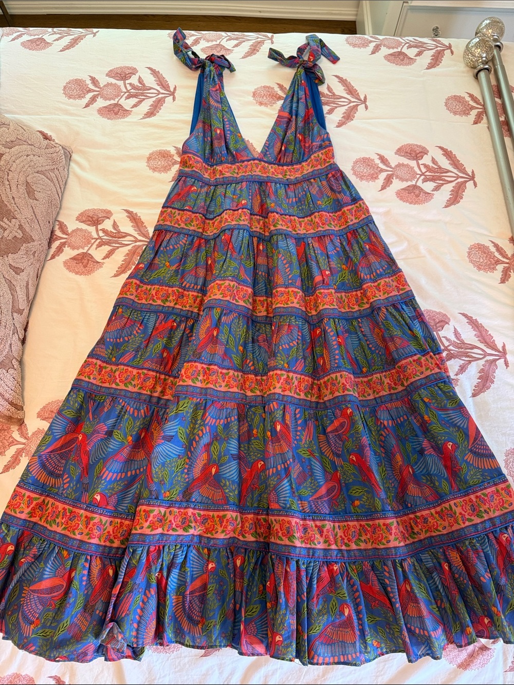 FARM Rio Blue Floral & Parrot Tiered Maxi Dress with Tie Straps - Picture 3 of 4